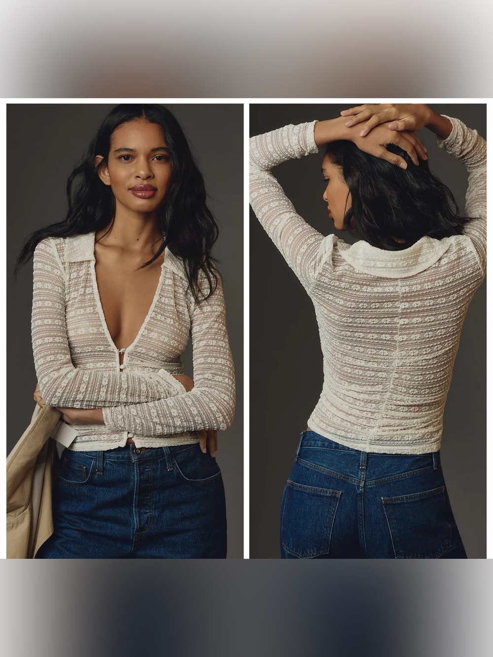By Anthropologie Long-Sleeve V-Neck Floral Lace Top